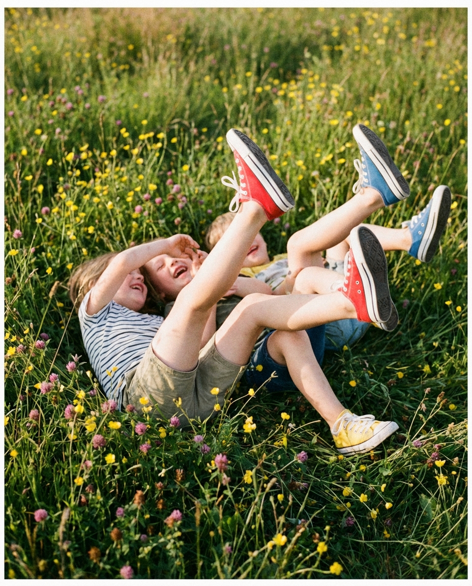 Kids with colorful Converse lying in flower field