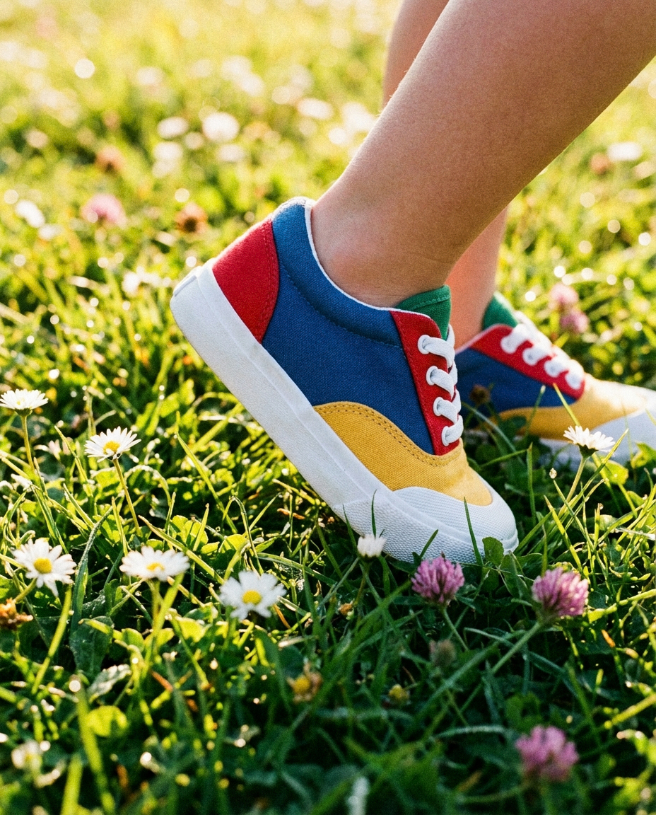 Colorful kids shoe detail on grass