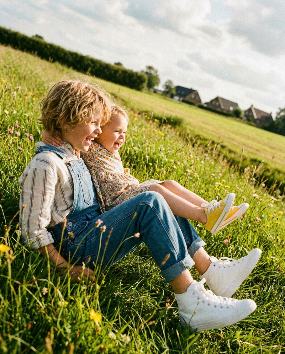 Two kids sitting on hillside