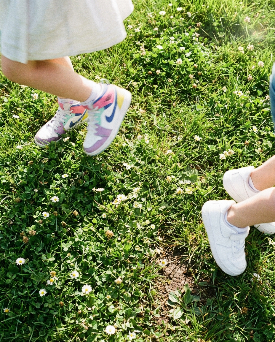 Kids feet running through clover