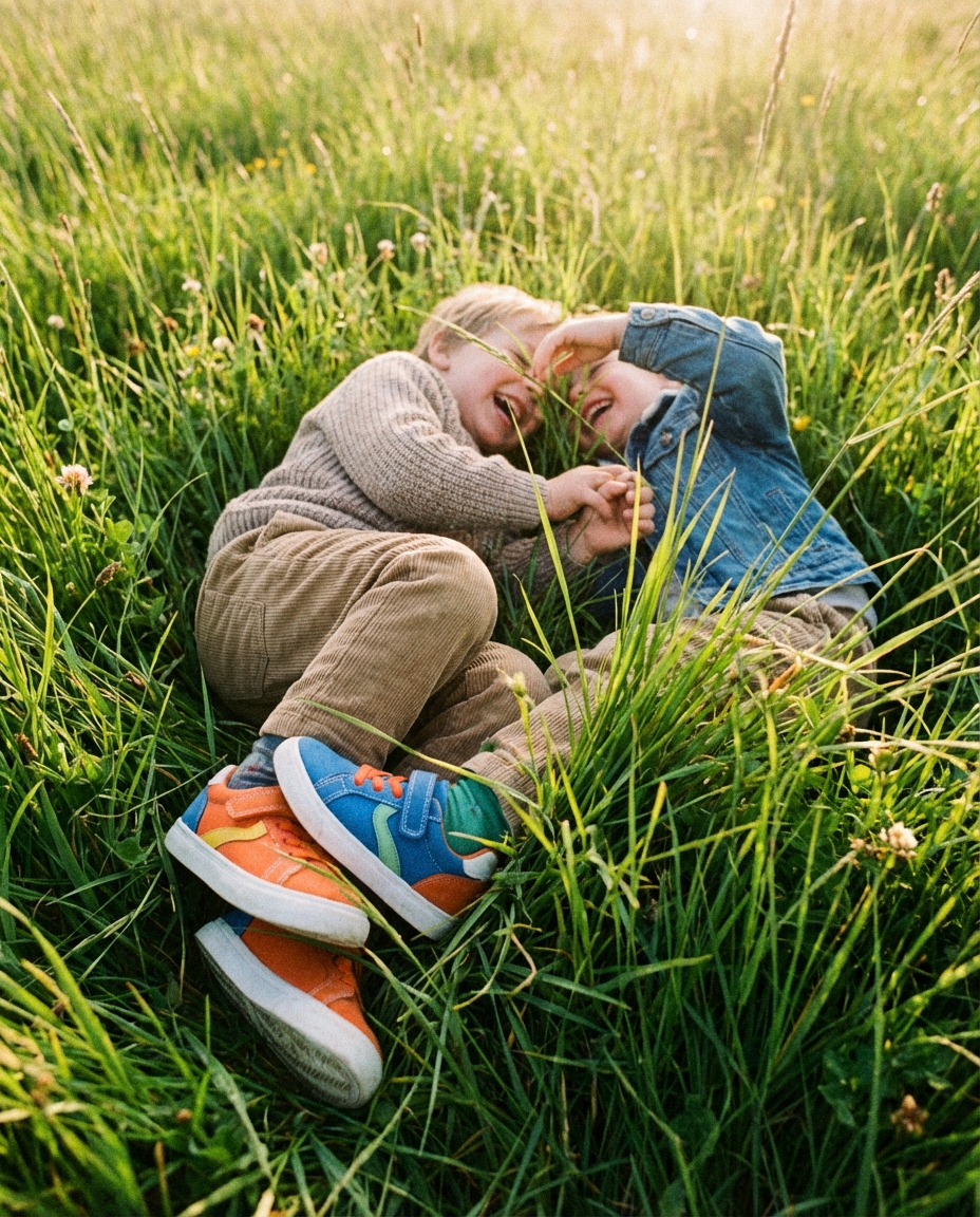 Kids laughing in tall grass wearing Grove sneakers
