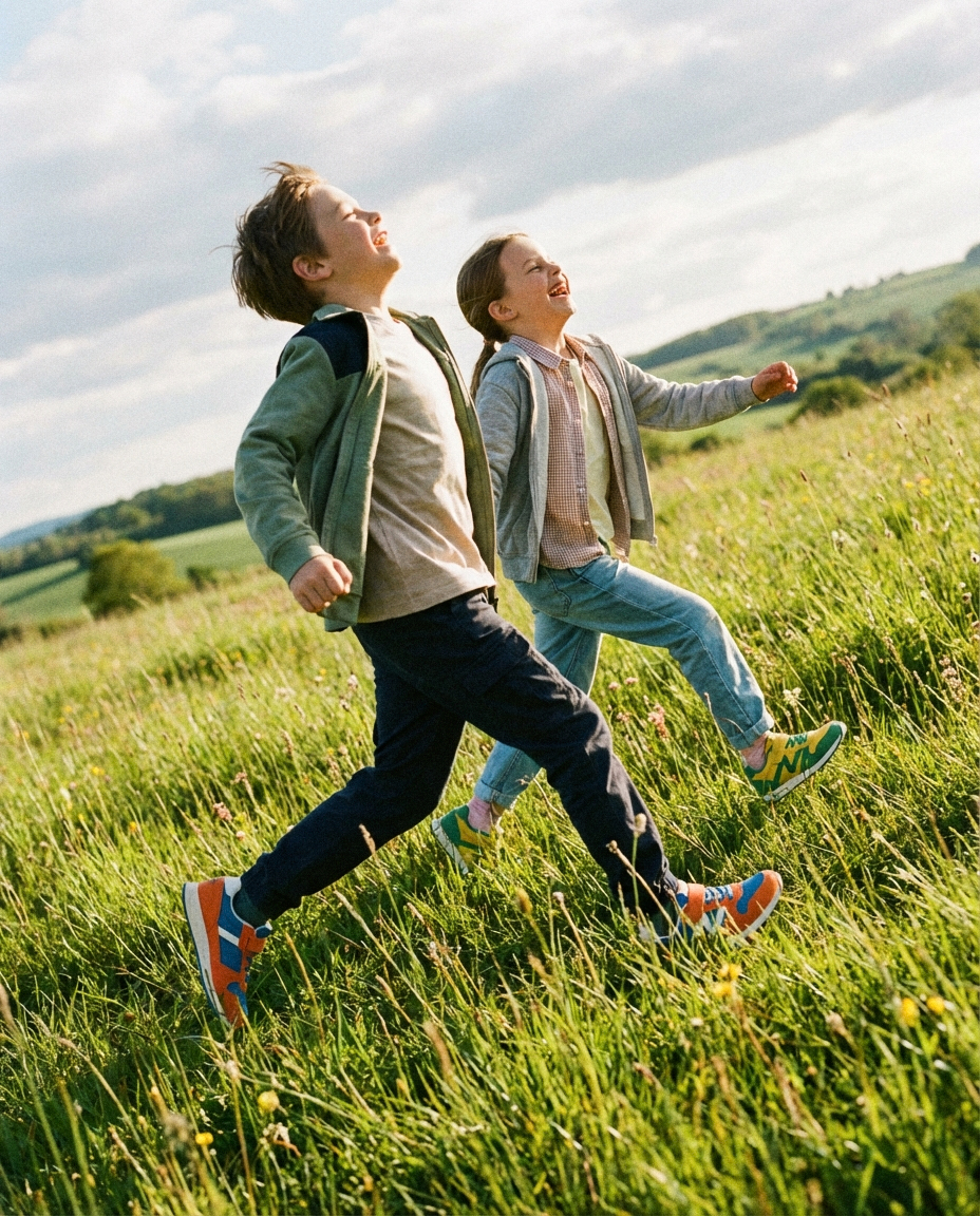 Kids running through meadow in Grove sneakers