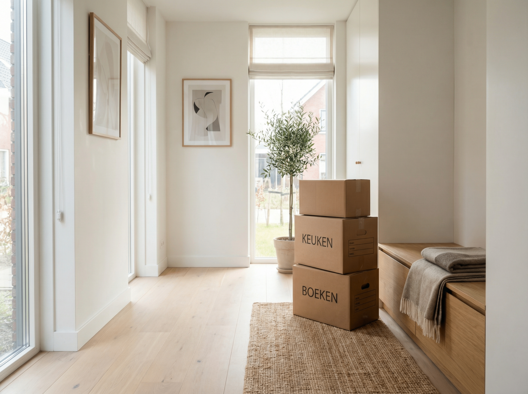 Moving boxes in a bright hallway