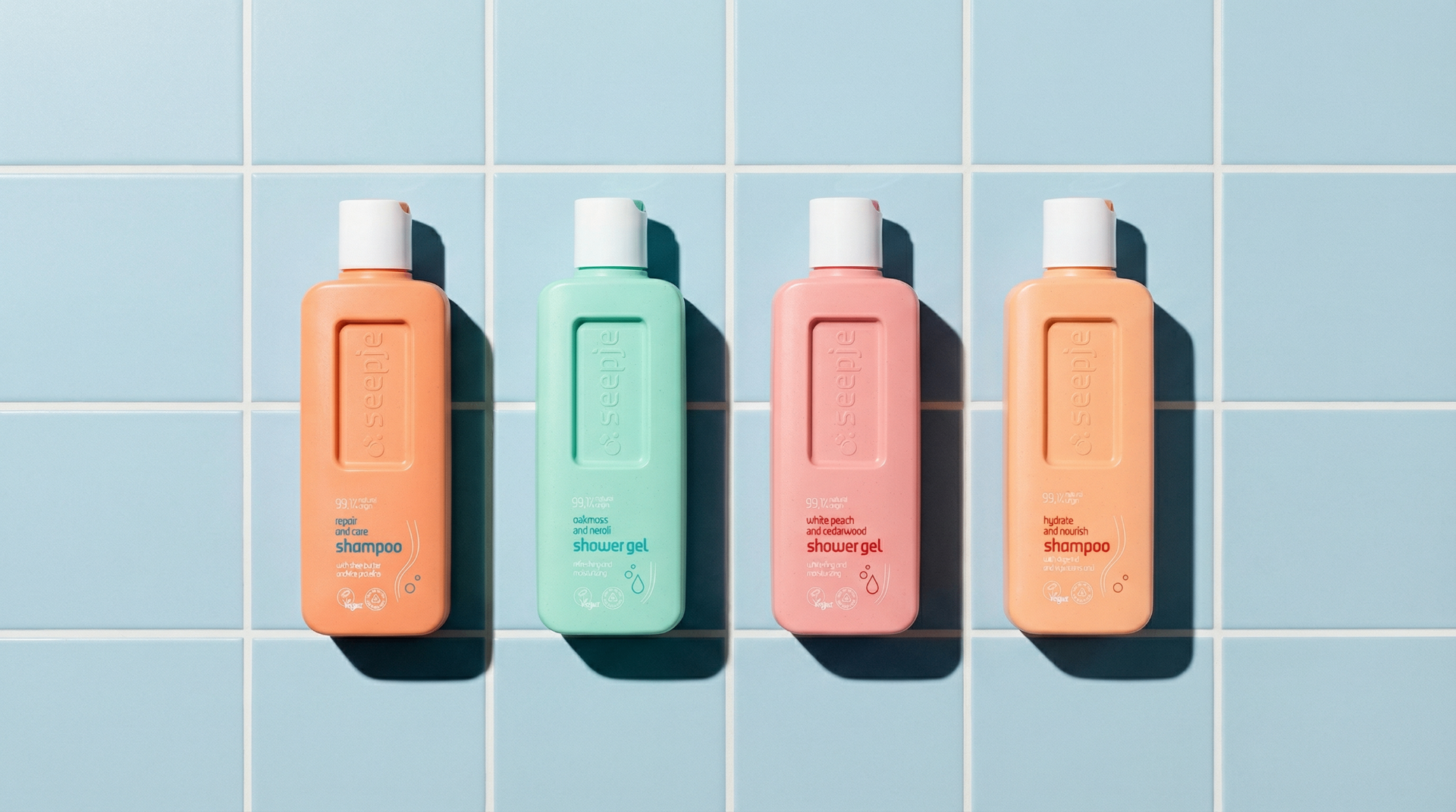 Seepje product lineup on blue tiles