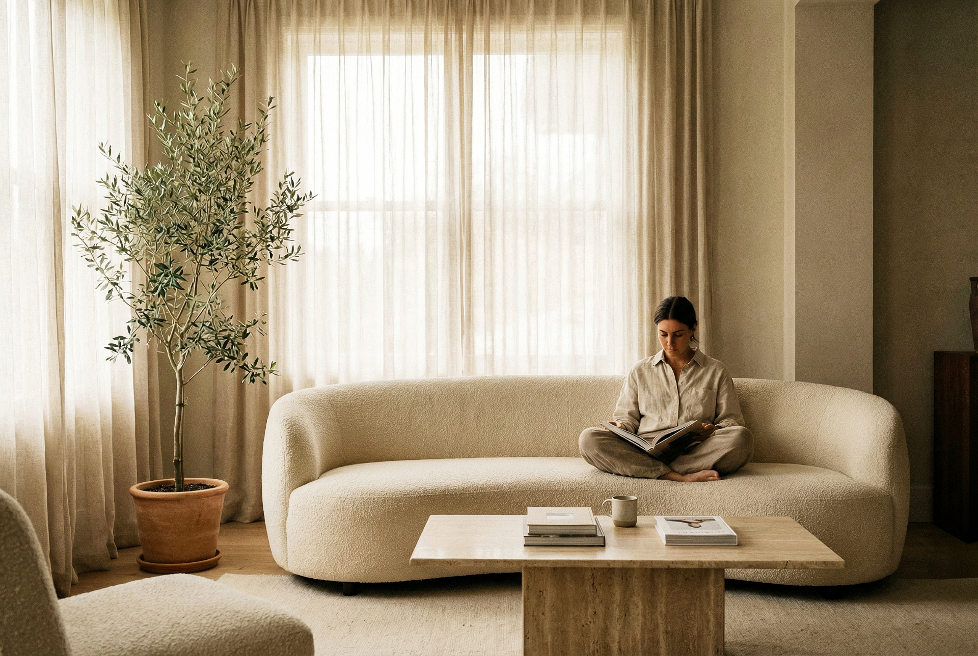 Woonkamer vrouw op Arc bank met boek