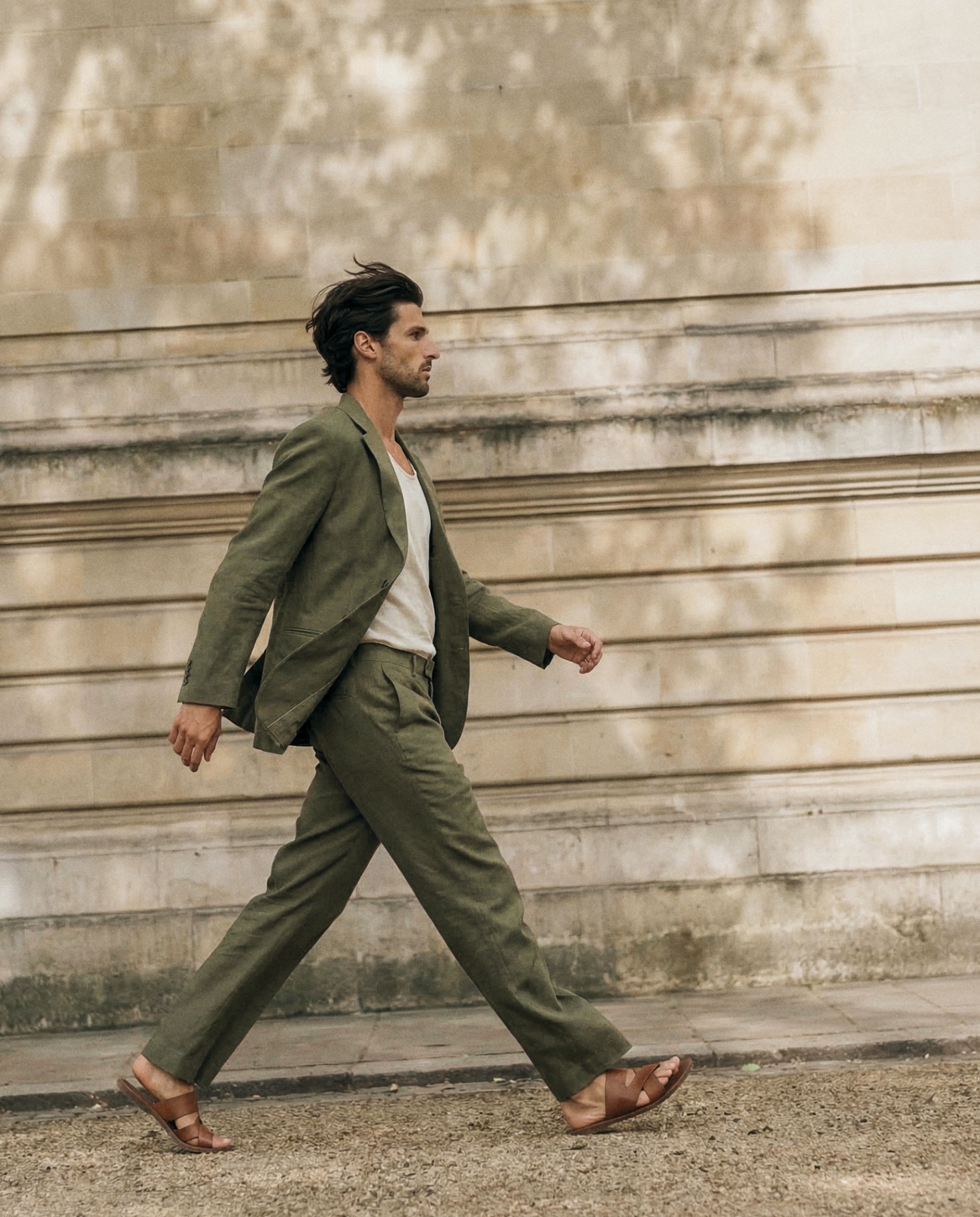 Olive Linen walking shot