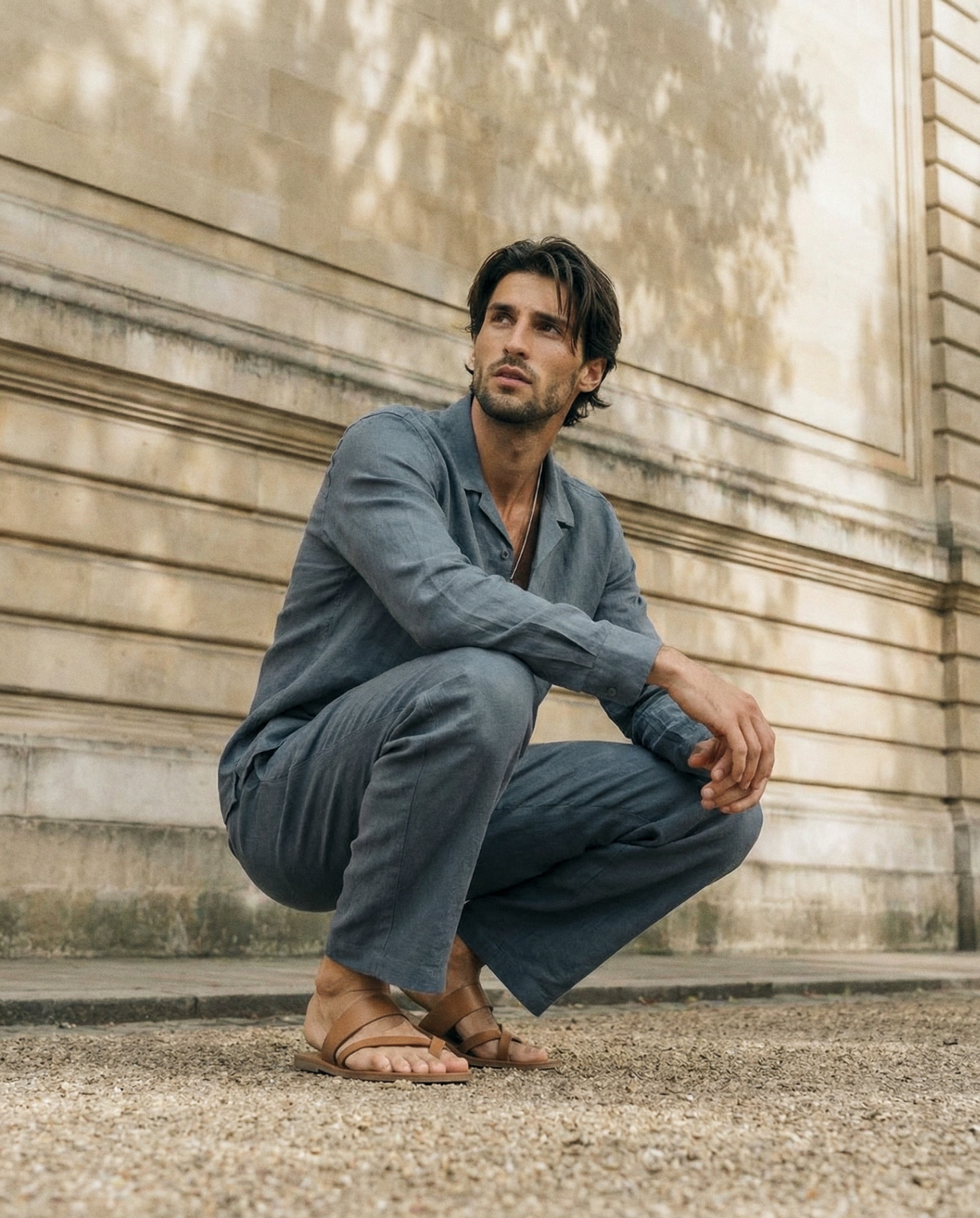 Slate linen crouching